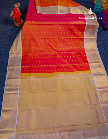 Beautiful Pinkish Orange Vaira Oosi With Butta Semi Silk Saree With Contrast Sandal Traditional Border