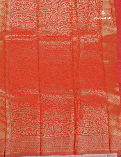 Semi Silk Saree - Peach Colour Body With Contrast Maroon Fancy Border