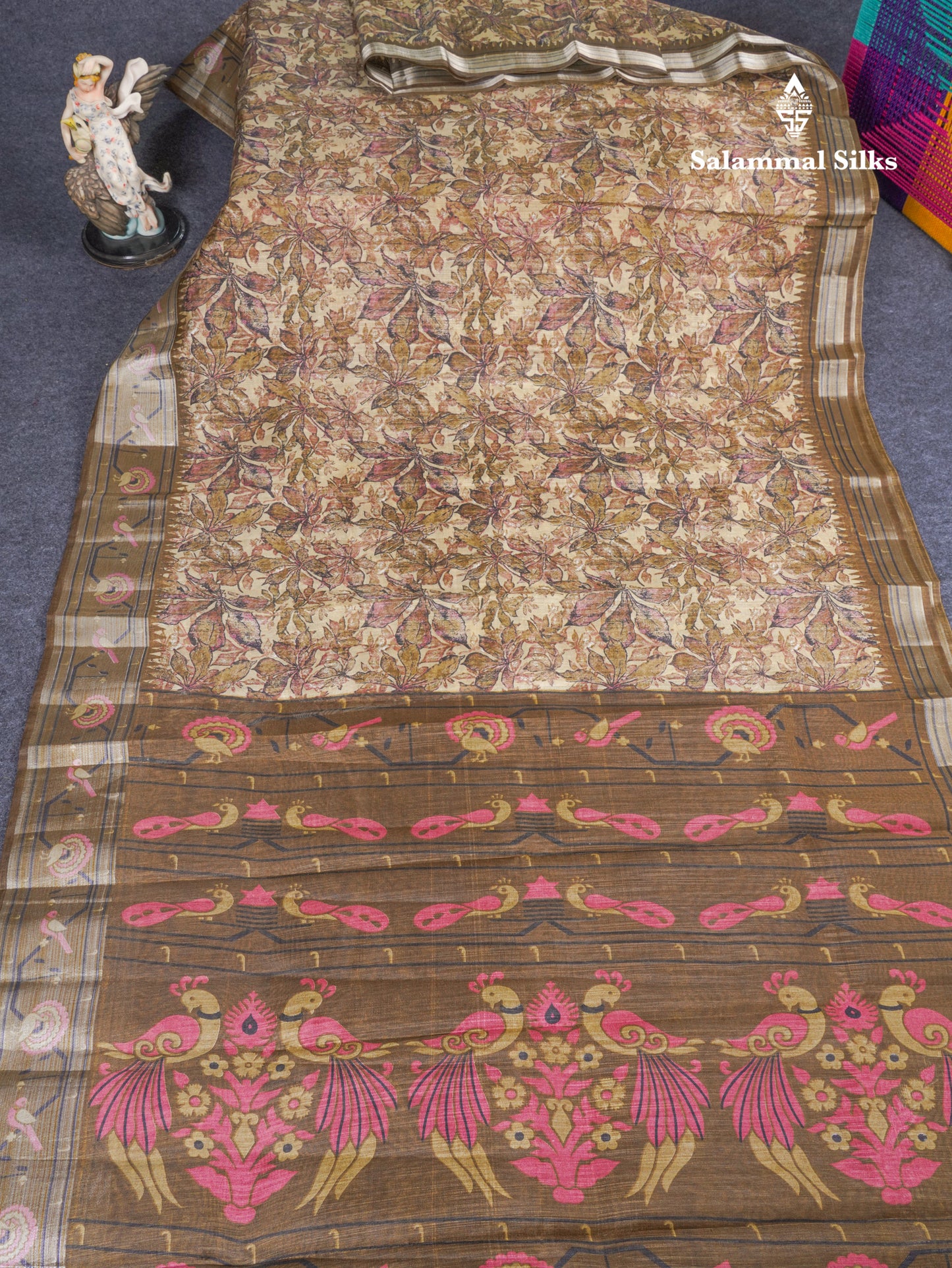 Beautiful Cream Sandal Mixed Cotton Saree With Contrast Olive Mustard Yellow Tissue Borber