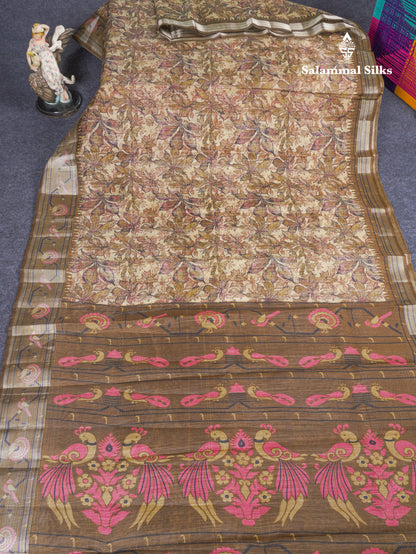 Beautiful Cream Sandal Mixed Cotton Saree With Contrast Olive Mustard Yellow Tissue Borber