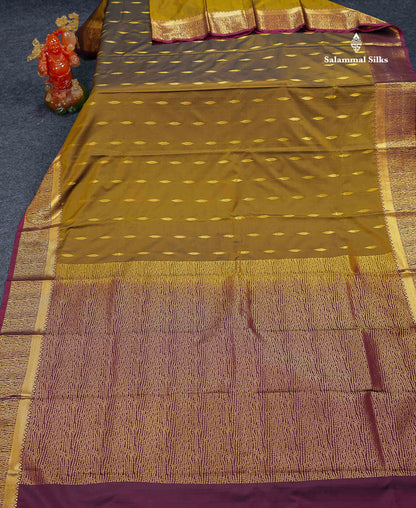 Beautiful Olive Green Malli Moggu Butta Semi Silk Saree With Contrast Dark Brown Fancy Border