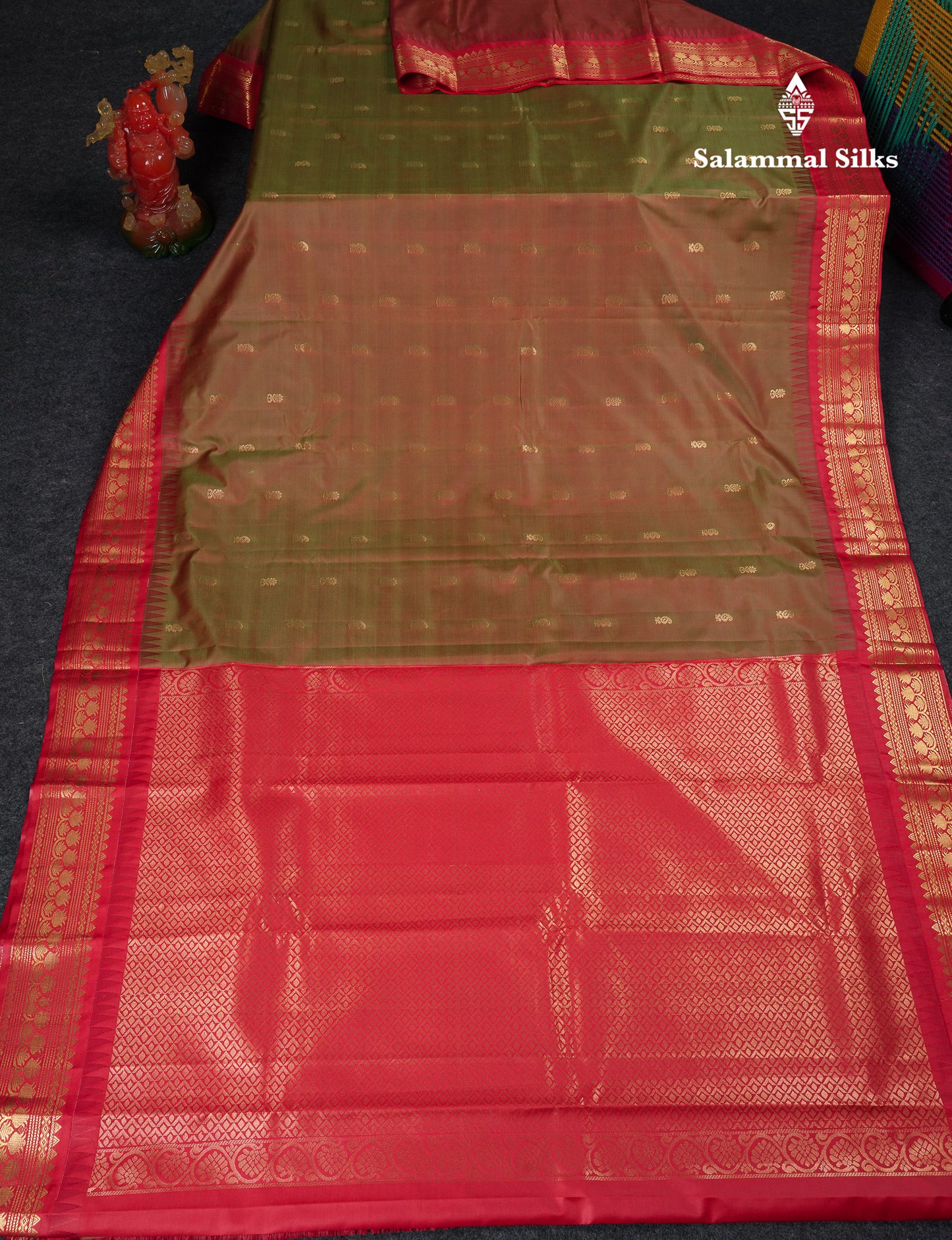 Beautiful Dual Tone Redish Green Semi Silk Saree With Contrast Chilly Red Traditional Temple Border