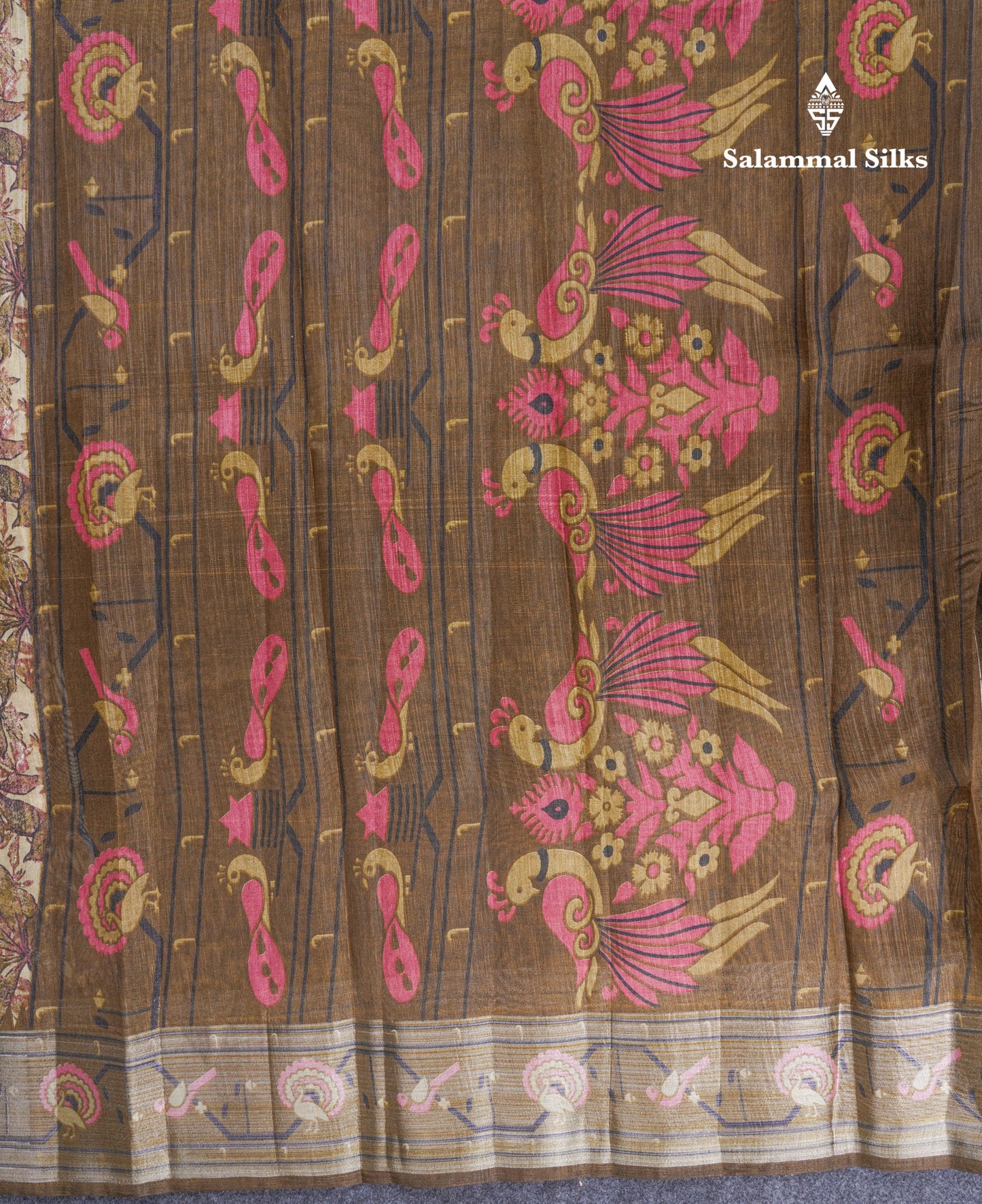 Beautiful Cream Sandal Mixed Cotton Saree With Contrast Olive Mustard Yellow Tissue Borber