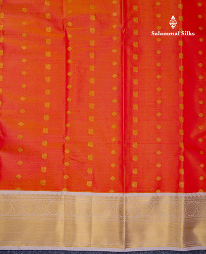 Beautiful Pinkish Orange Vaira Oosi With Butta Semi Silk Saree With Contrast Sandal Traditional Border