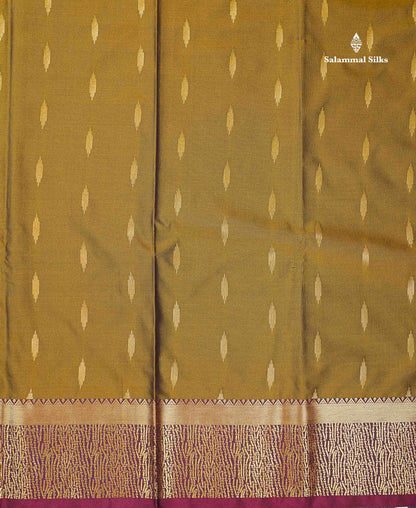 Beautiful Olive Green Malli Moggu Butta Semi Silk Saree With Contrast Dark Brown Fancy Border