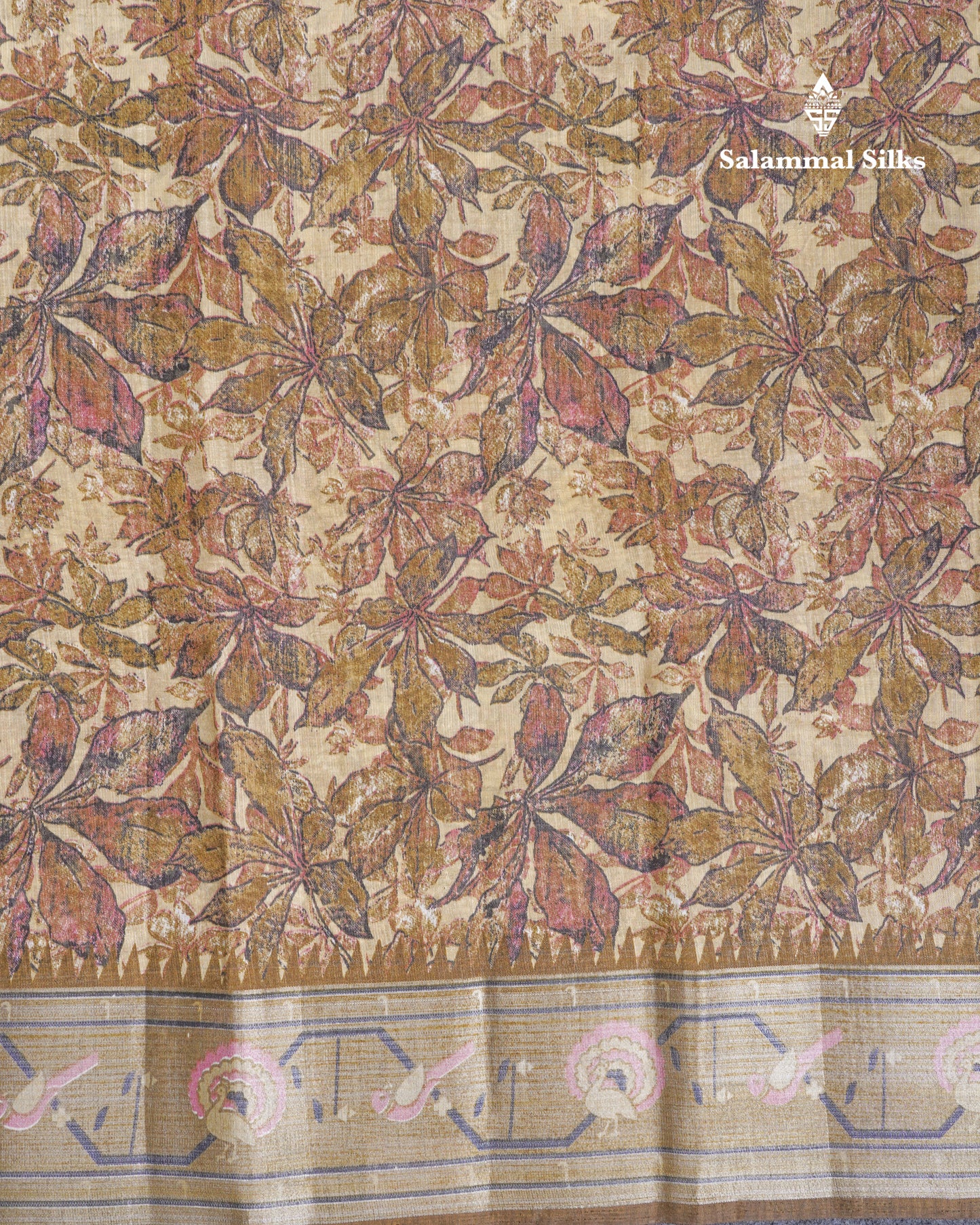 Beautiful Cream Sandal Mixed Cotton Saree With Contrast Olive Mustard Yellow Tissue Borber