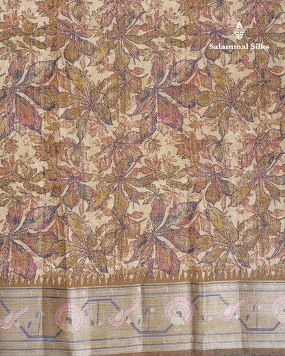 Beautiful Cream Sandal Mixed Cotton Saree With Contrast Olive Mustard Yellow Tissue Borber