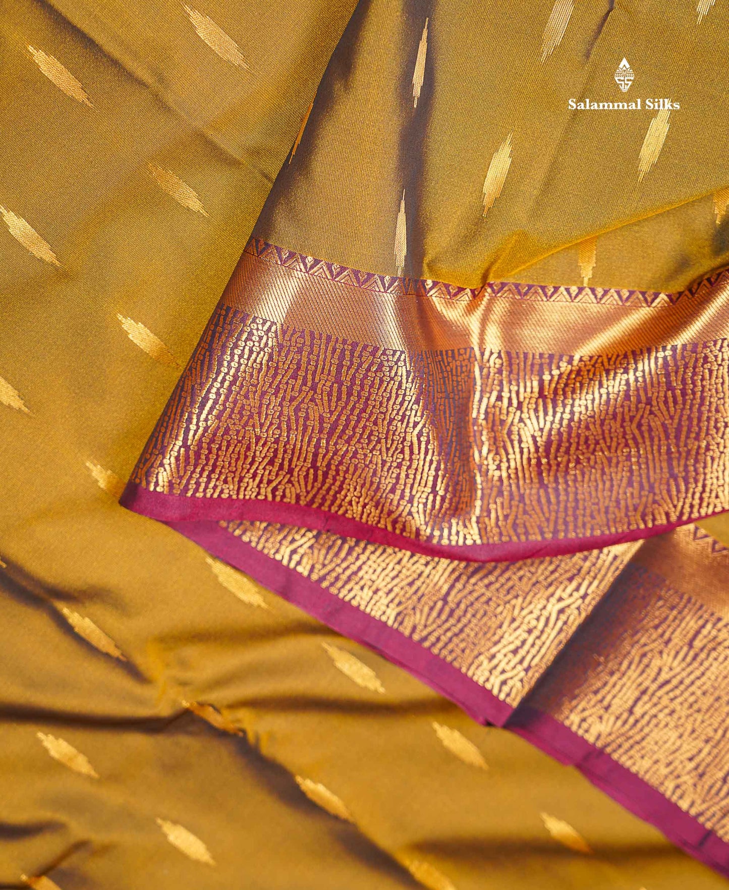 Beautiful Olive Green Malli Moggu Butta Semi Silk Saree With Contrast Dark Brown Fancy Border