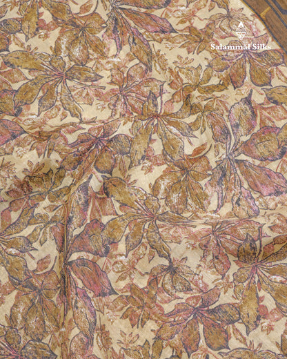 Beautiful Cream Sandal Mixed Cotton Saree With Contrast Olive Mustard Yellow Tissue Borber