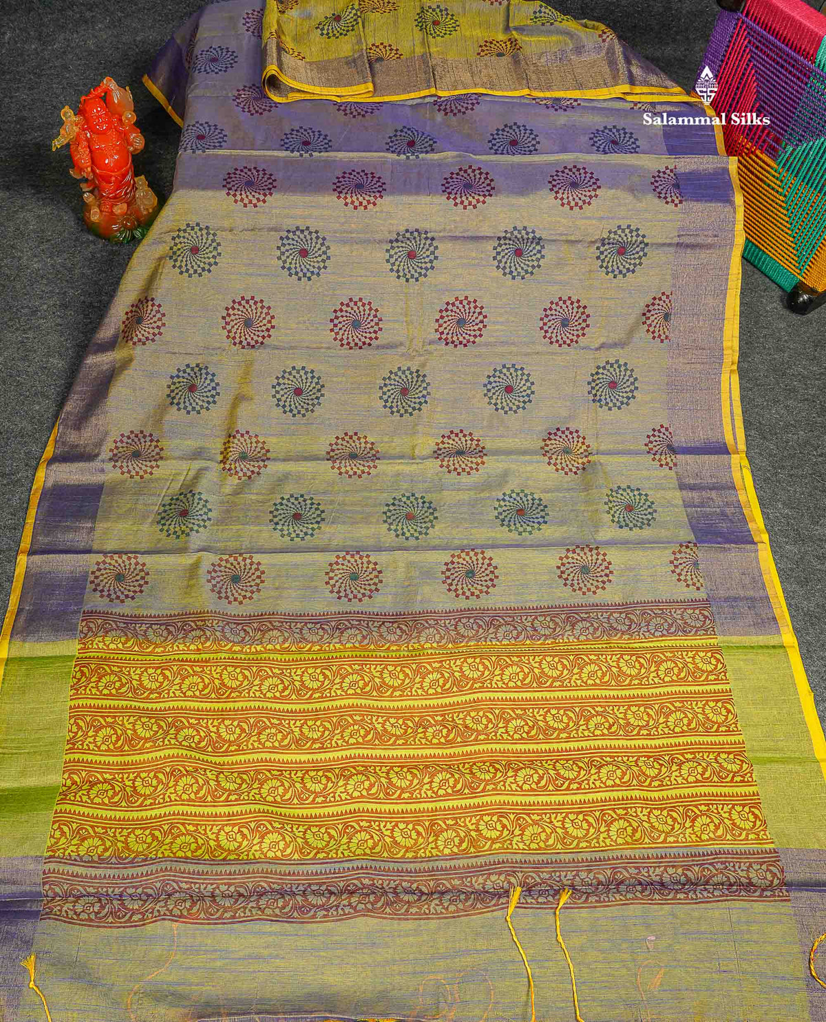 Cotton Mix Saree - Dual Tone Blue Colour Body Printed With Contrast Lemon Yellow Blouse