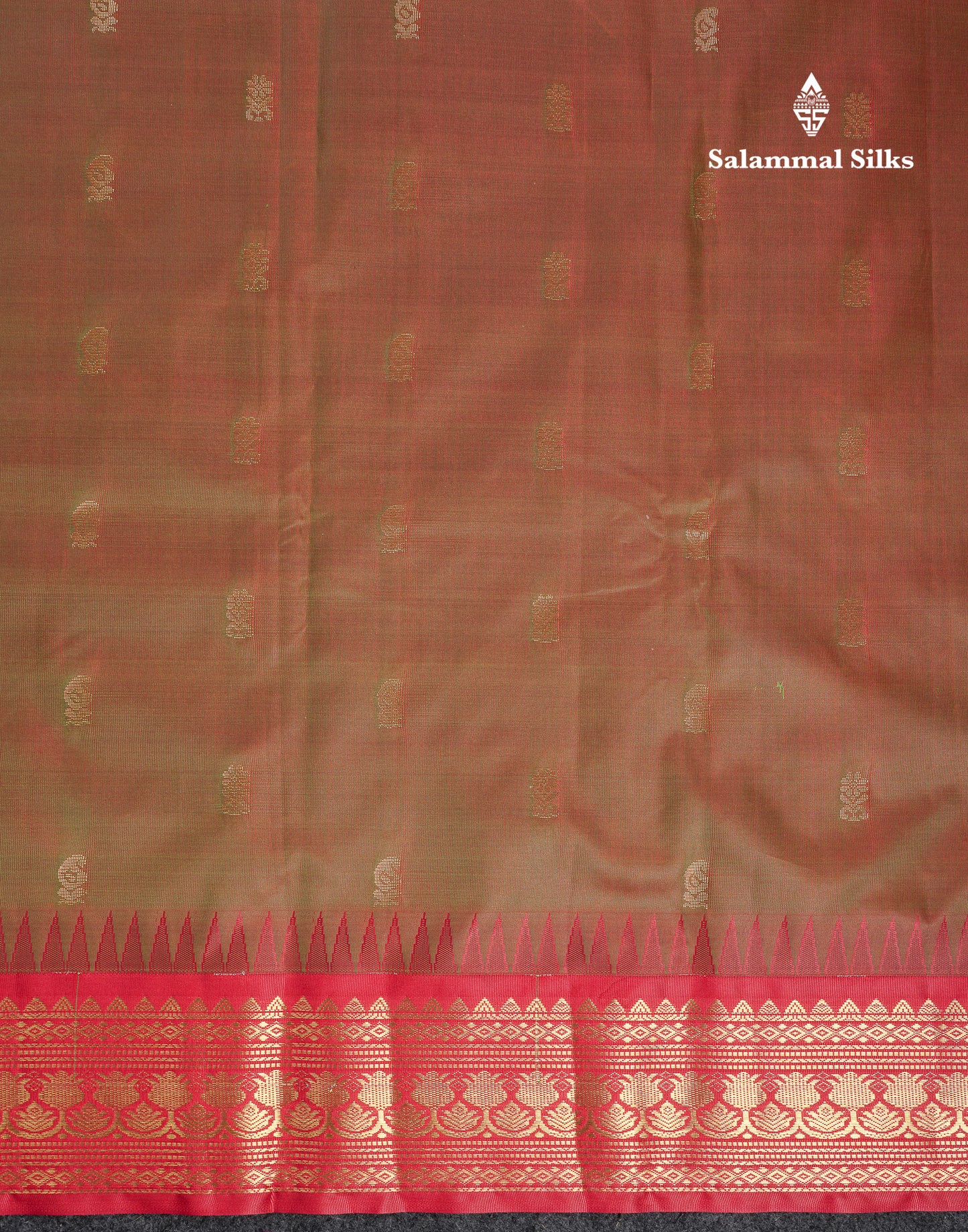 Beautiful Dual Tone Redish Green Semi Silk Saree With Contrast Chilly Red Traditional Temple Border