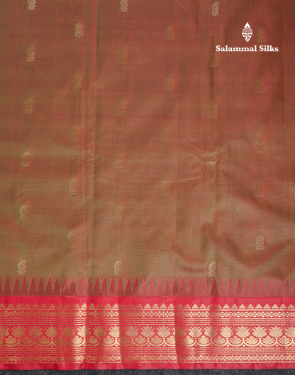 Beautiful Dual Tone Redish Green Semi Silk Saree With Contrast Chilly Red Traditional Temple Border