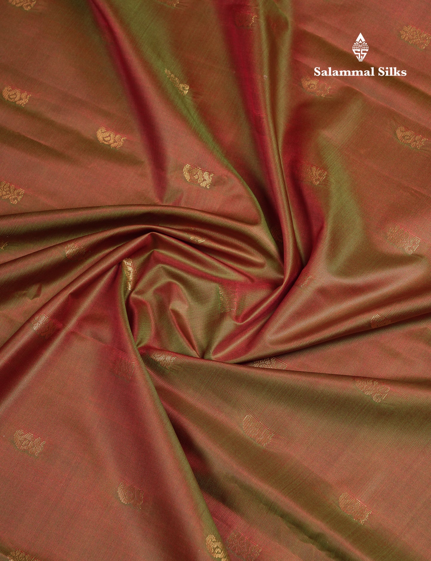 Beautiful Dual Tone Redish Green Semi Silk Saree With Contrast Chilly Red Traditional Temple Border
