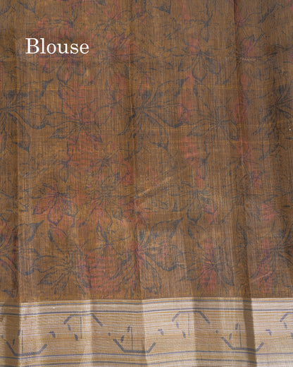 Beautiful Cream Sandal Mixed Cotton Saree With Contrast Olive Mustard Yellow Tissue Borber