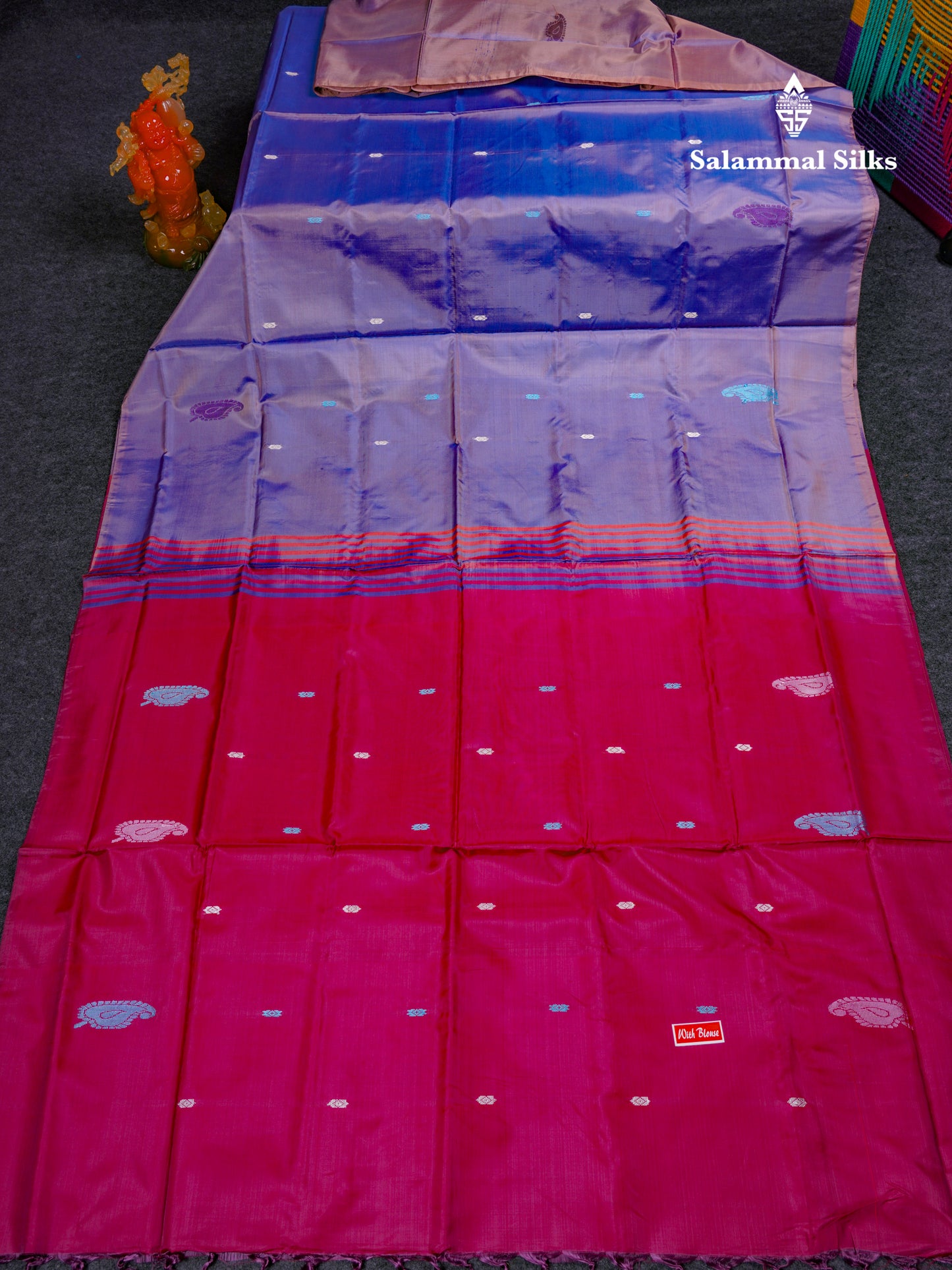 Dual Tone Violet Thread work Buttas Banana Pinth Saree (Vaazhainaar Pattu) With Contrast Wine Blouse