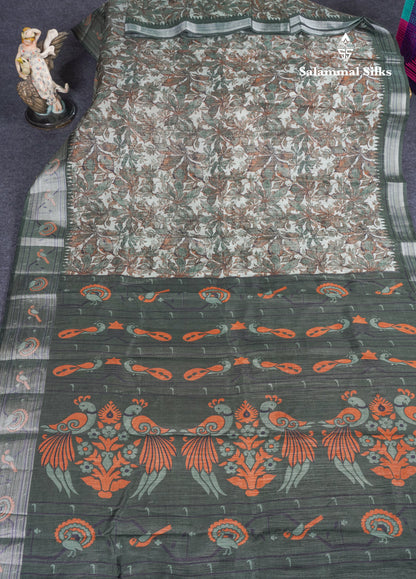 Beautiful Cream Sandal Mixed Cotton Saree With Contrast Olive Mustard Yellow Tissue Borber