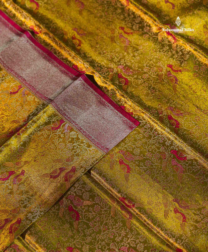 Beautiful Manthulir Green Menakari Work Tissue Bridal Pure Kanjivaram Silk Saree With Contrast Pink Fancy Evening Morning Border