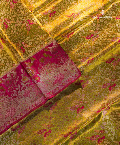 Beautiful Manthulir Green Menakari Work Tissue Bridal Pure Kanjivaram Silk Saree With Contrast Pink Fancy Evening Morning Border