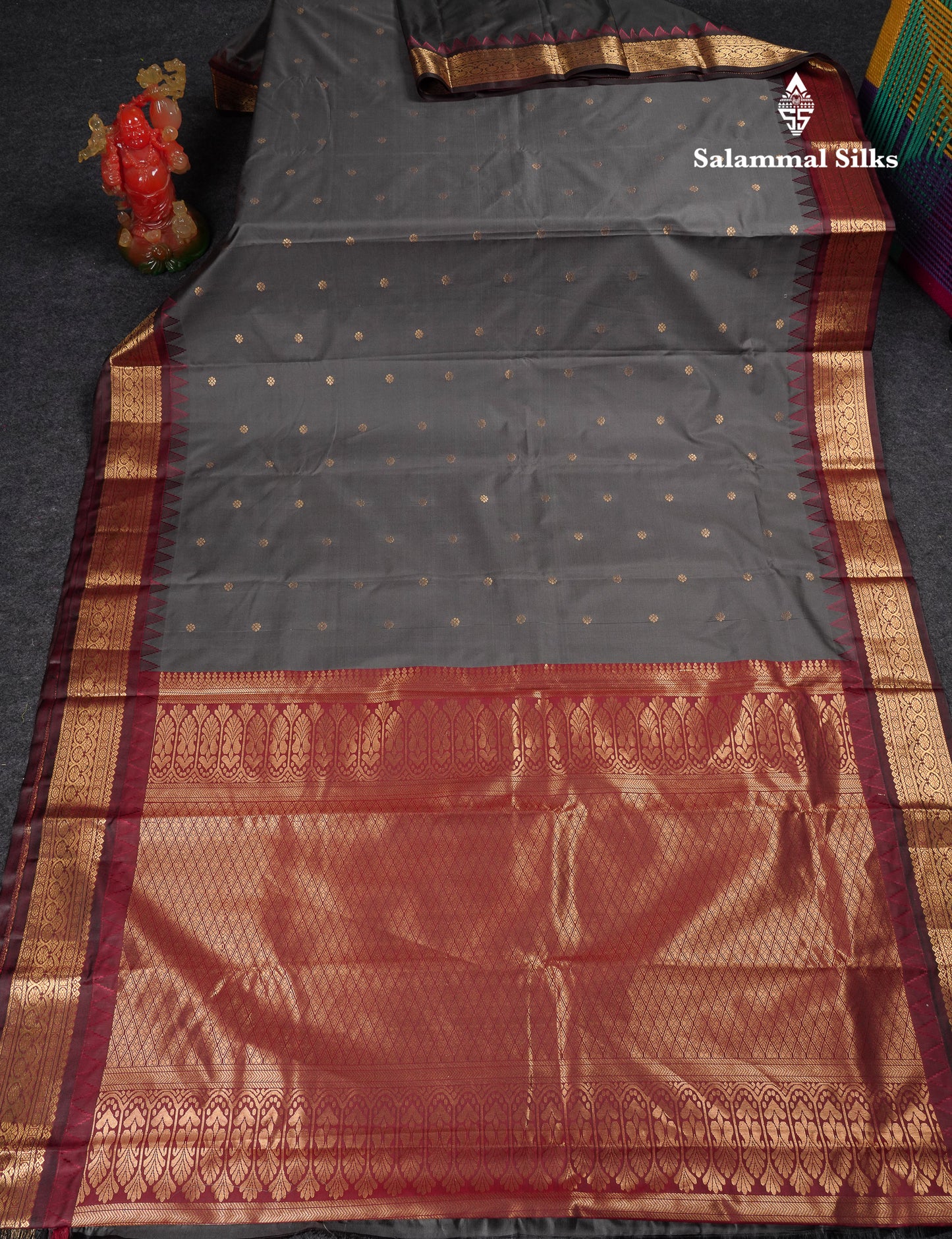 Beautiful Grey Semi Silk Saree With Contrast Dark Maroon Traditional Temple Border
