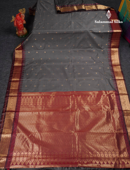 Beautiful Grey Semi Silk Saree With Contrast Dark Maroon Traditional Temple Border