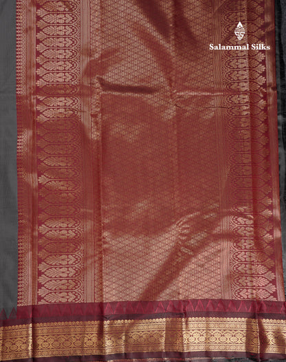 Beautiful Grey Semi Silk Saree With Contrast Dark Maroon Traditional Temple Border