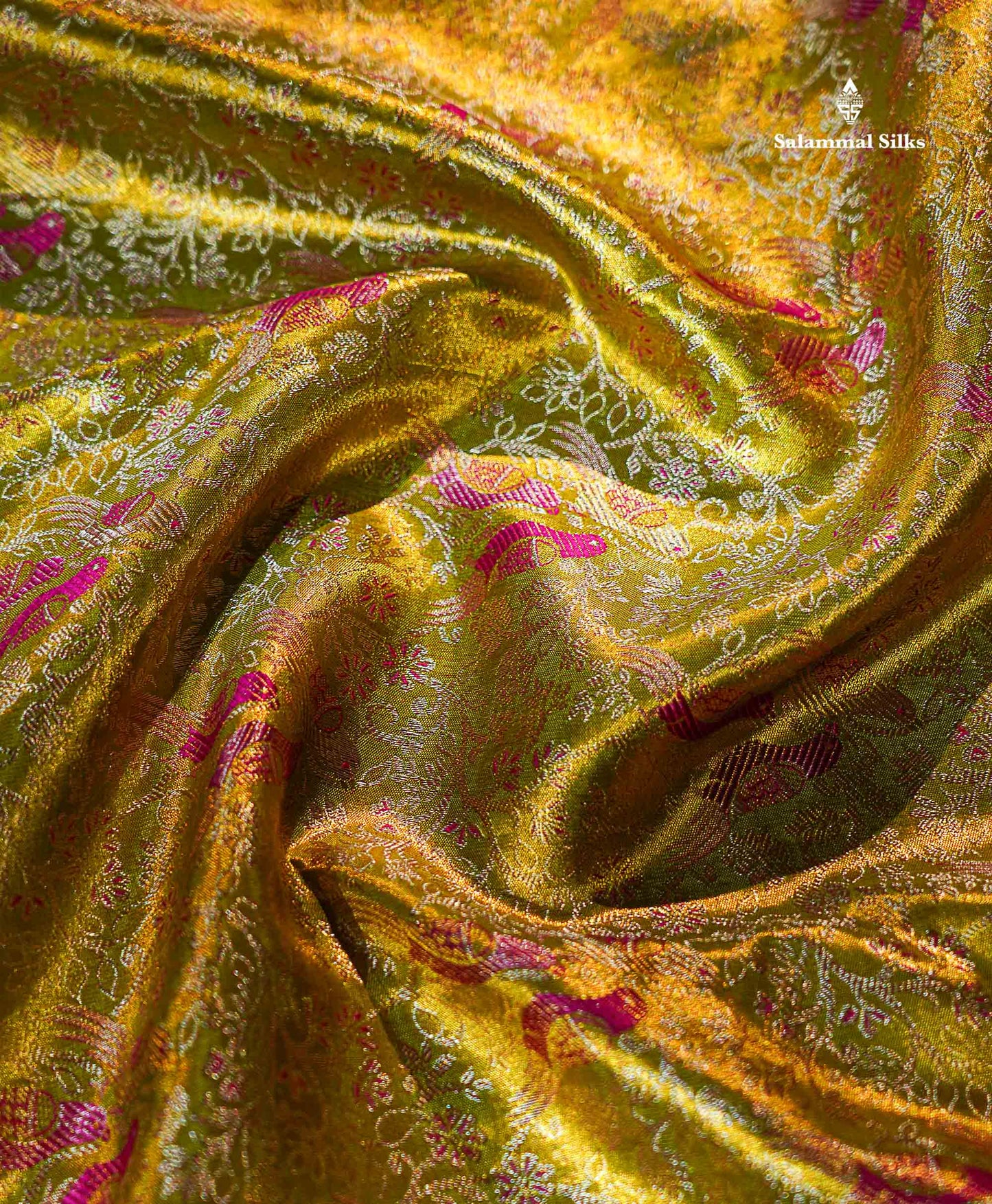 Beautiful Manthulir Green Menakari Work Tissue Bridal Pure Kanjivaram Silk Saree With Contrast Pink Fancy Evening Morning Border