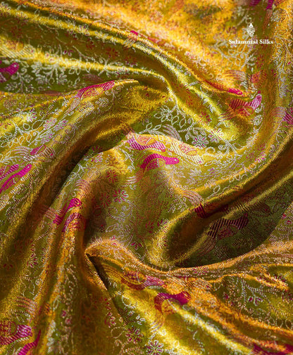 Beautiful Manthulir Green Menakari Work Tissue Bridal Pure Kanjivaram Silk Saree With Contrast Pink Fancy Evening Morning Border