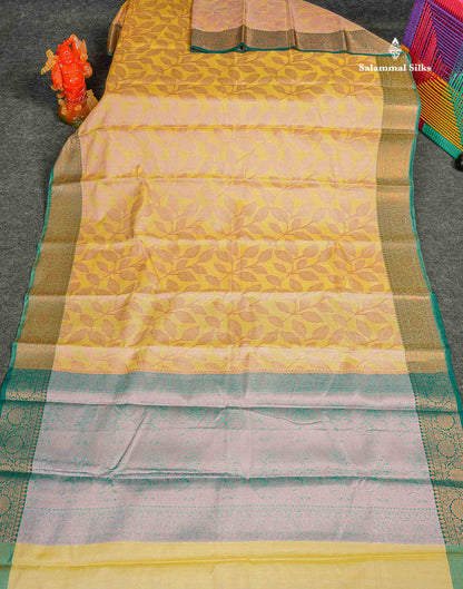 Cotton Mix Saree - Light Yellow Colour Body With Contrast Teal Green Fancy Border