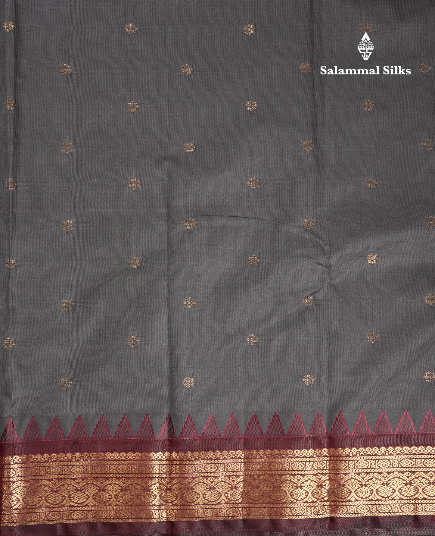 Beautiful Grey Semi Silk Saree With Contrast Dark Maroon Traditional Temple Border