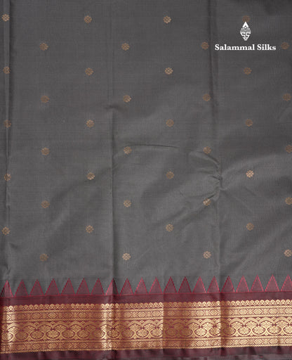 Beautiful Grey Semi Silk Saree With Contrast Dark Maroon Traditional Temple Border