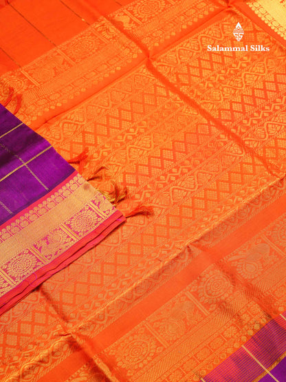 Purple Checks Pure Silk Cotton Saree With Contrast Orange Blouse