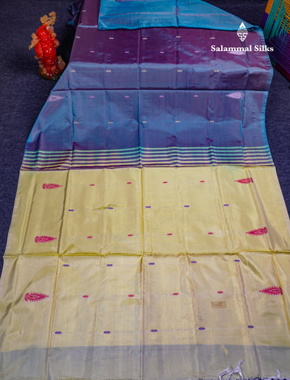 Dual Tone Blue Thread work Buttas Banana Pinth Saree (Vaazhainaar Pattu) With Contrast Light Yellow Blouse