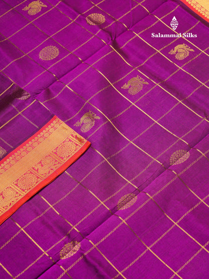 Purple Checks Pure Silk Cotton Saree With Contrast Orange Blouse