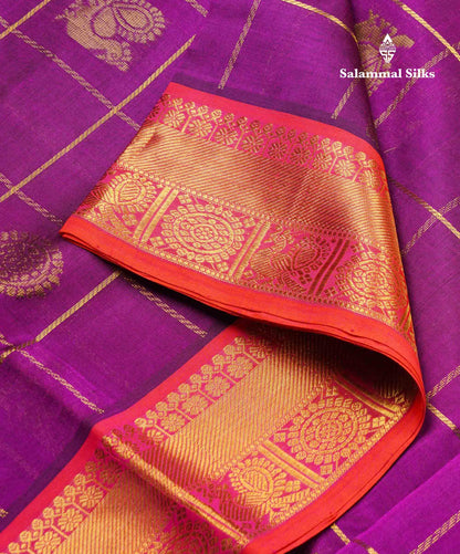 Purple Checks Pure Silk Cotton Saree With Contrast Orange Blouse