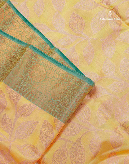 Cotton Mix Saree - Light Yellow Colour Body With Contrast Teal Green Fancy Border