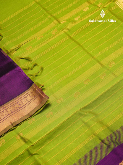 Dark Purple Pure Silk Cotton Saree With Contrast Parrot Green Blouse