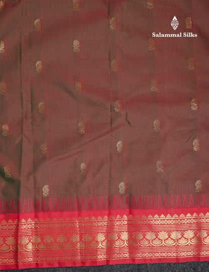 Beautiful Dual Tone Manthulir Green Semi Silk Saree With Contrast Chilly Red Traditional Temple Border