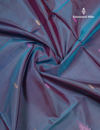Dual Tone Blue Thread work Buttas Banana Pinth Saree (Vaazhainaar Pattu) With Contrast Light Yellow Blouse