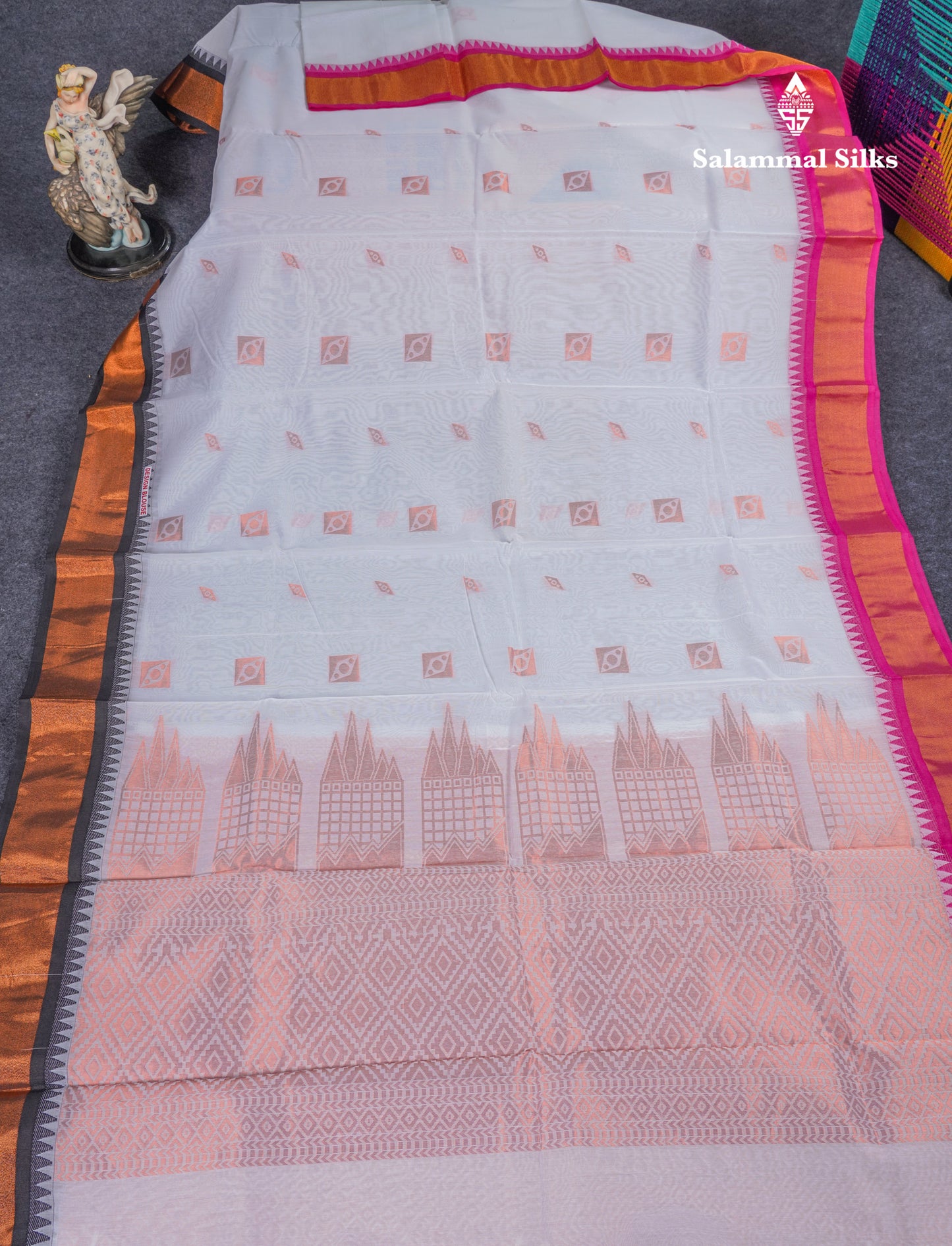 Beautiful White Kota Cotton Saree With Contrast Ganga Jamuna Border