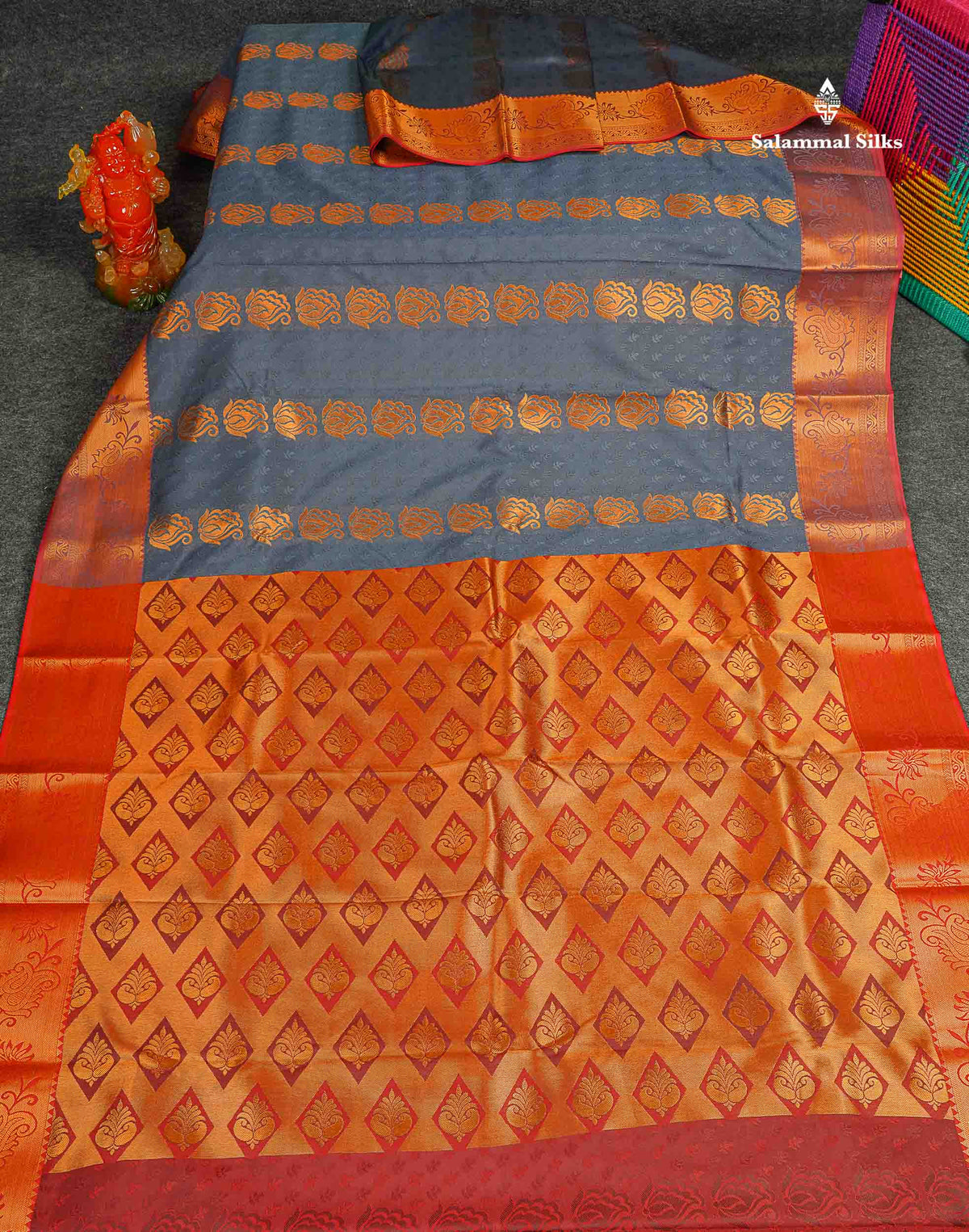 Semi Silk Saree - Grey Colour Body With Contrast Maroon Blouse