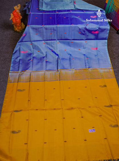Pastel Blue Thread work Buttas Banana Pinth Saree (Vaazhainaar Pattu) With Contrast Mustard Yellow Blouse