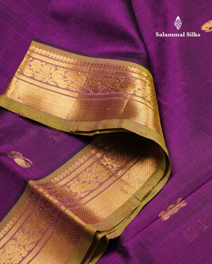 Dark Purple Pure Silk Cotton Saree With Contrast Parrot Green Blouse