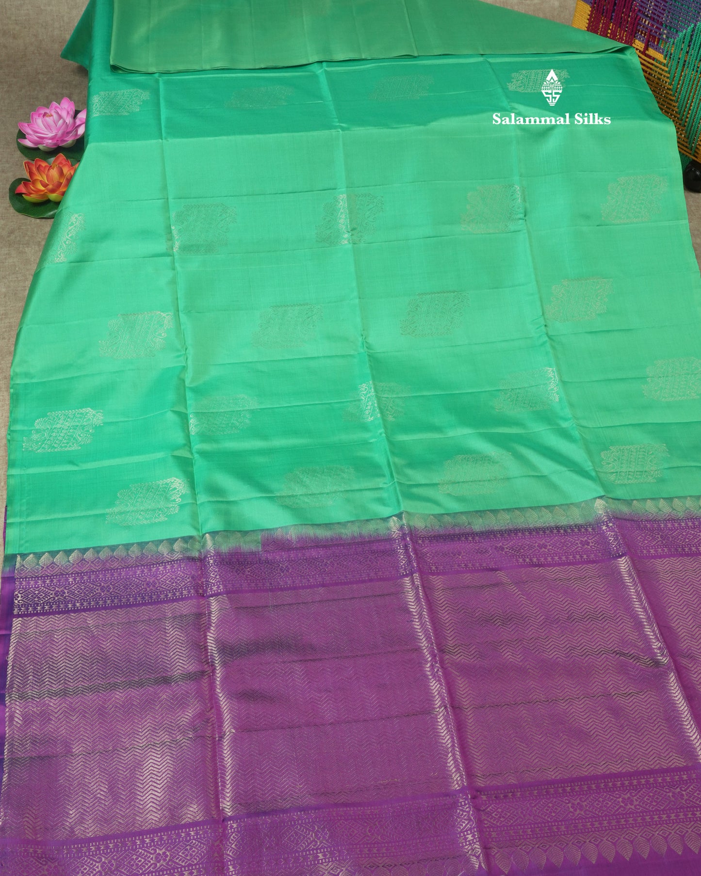 Kanjivaram Beautiful Saffire Green Pure Soft Silk Saree With Contrast Violet Blouse