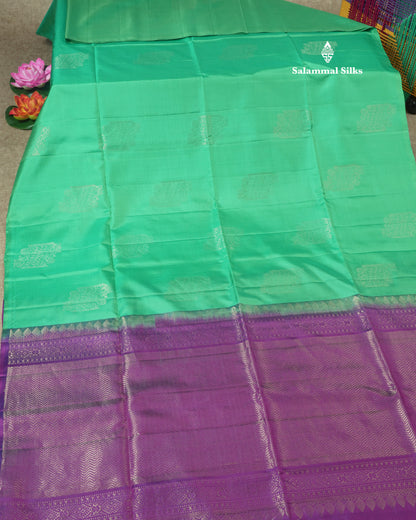 Kanjivaram Beautiful Saffire Green Pure Soft Silk Saree With Contrast Violet Blouse