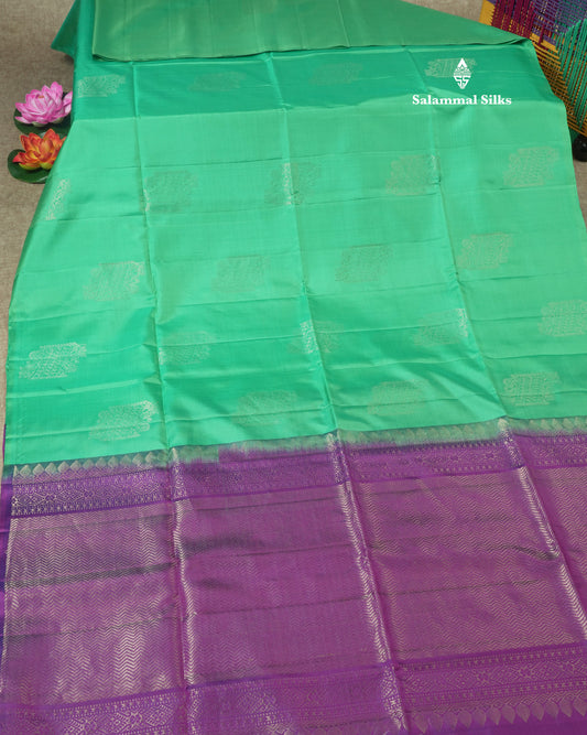 Kanjivaram Beautiful Saffire Green Pure Soft Silk Saree With Contrast Violet Blouse