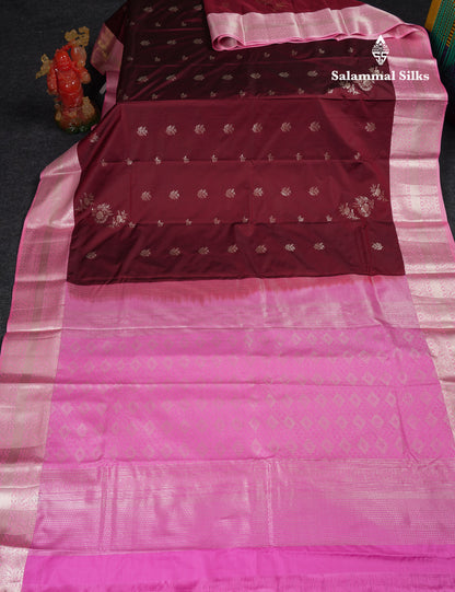 Beautiful Violet Semi Silk Saree With Contrast Baby Pink Traditional Border
