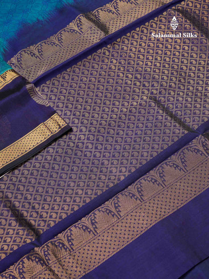 Beautiful Peacock Blue Emboss Design Handloom Pure Silk Cotton Saree With Navy Blue Traditiona Border