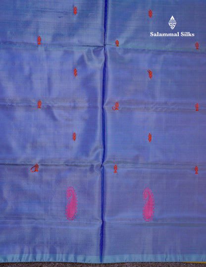 Pastel Blue Thread work Buttas Banana Pinth Saree (Vaazhainaar Pattu) With Contrast Mustard Yellow Blouse