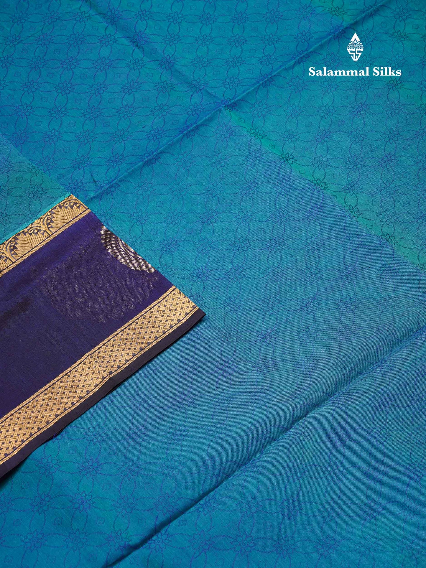 Beautiful Peacock Blue Emboss Design Handloom Pure Silk Cotton Saree With Navy Blue Traditiona Border