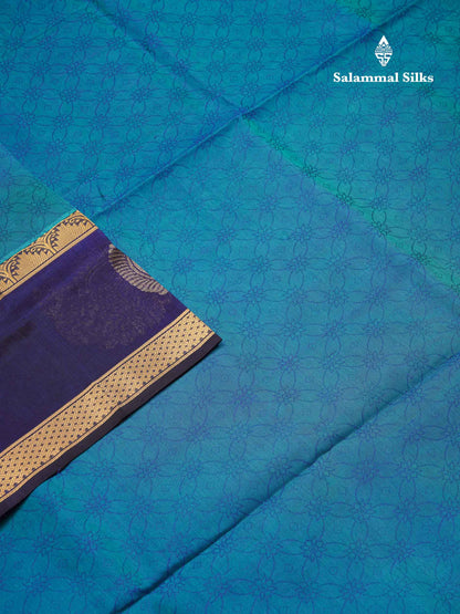 Beautiful Peacock Blue Emboss Design Handloom Pure Silk Cotton Saree With Navy Blue Traditiona Border